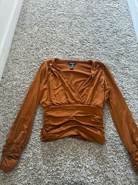 Express Rust Wrap-Style Long Sleeve Blouse